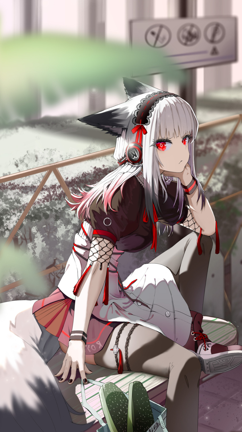 1girl absurdres animal_ears arknights bag bench black_hairband black_nails black_shirt black_thighhighs fence fox_ears fox_girl fox_tail frostleaf_(arknights) hairband hand_up head_rest headphones high-waist_skirt highres implied_extra_ears looking_at_viewer maid outdoors red_eyes shirt shiyun_(3635060hu) sign sitting skirt solo tail thigh-highs