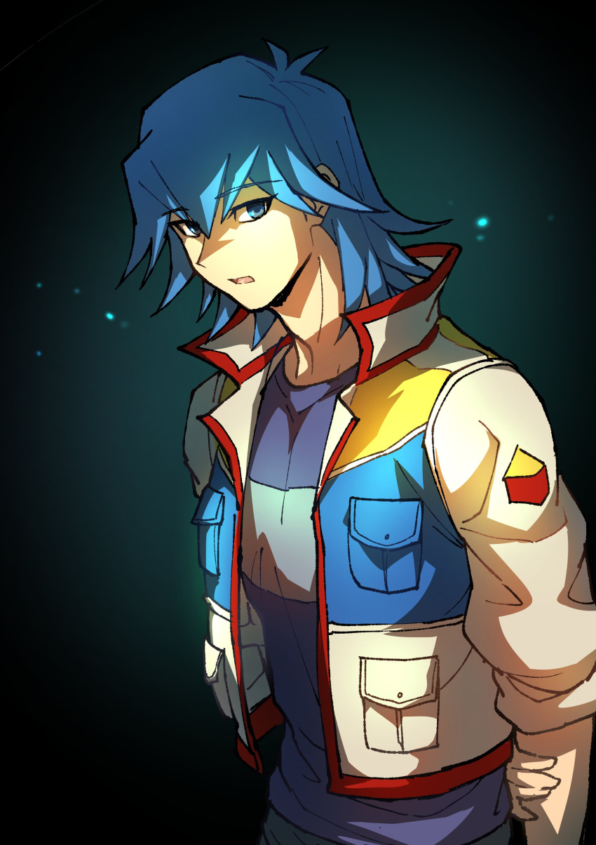 1boy absurdres arm_behind_back black_background blue_eyes blue_hair blue_shirt bruno_(yu-gi-oh!) dark_background glowing hand_on_own_arm high_collar highres jacket light_particles male_focus open_clothes open_jacket open_mouth shirt short_hair sleeves_rolled_up solo surprised t-shirt upper_body white_jacket youko-shima yu-gi-oh! yu-gi-oh!_5d's
