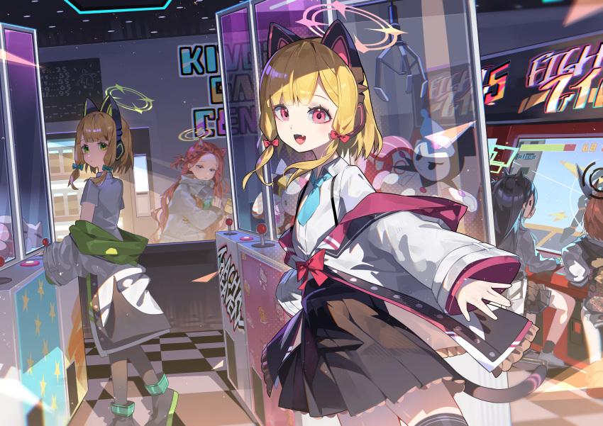 5girls :d absurdres arcade arcade_cabinet aris_(blue_archive) black_hair black_skirt blonde_hair blue_archive blue_necktie bow checkered_floor crane_game fang game_development_department_(blue_archive) green_bow green_eyes grey_eyes hair_bow halo highres hiro_(yoshi_chan) jacket looking_at_viewer midori_(blue_archive) momoi_(blue_archive) multiple_girls necktie neru_(blue_archive) orange_hair pink_eyes pleated_skirt red_bow shirt shoes skirt smile white_shirt yuzu_(blue_archive)