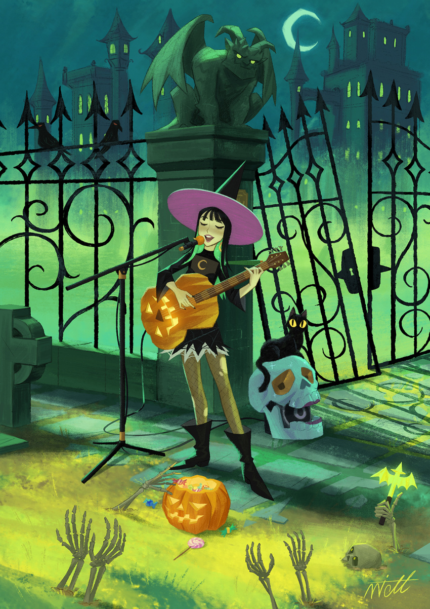 1girl black_cat black_dress black_footwear black_hair boots building cat closed_eyes commentary crescent dress english_commentary fence gargoyle gate hat highres house jack-o'-lantern long_hair miacat125 microphone microphone_stand music night original road signature singing skeletal_arm skull solo street witch witch_hat