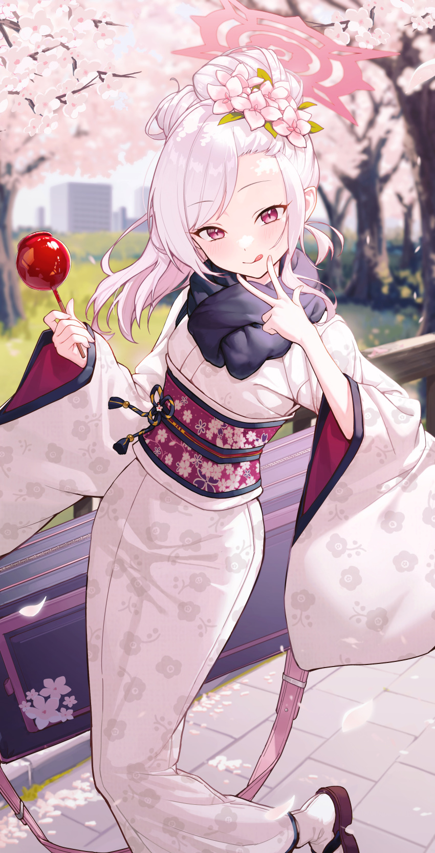1girl absurdres blue_archive blush candy_apple cherry_blossoms closed_mouth day fingernails flower food goeleu hair_flower hair_ornament halo highres holding holding_food japanese_clothes kimono long_hair long_sleeves looking_at_viewer mutsuki_(blue_archive) mutsuki_(new_year)_(blue_archive) obi official_alternate_costume outdoors pink_flower pink_halo sash smile socks solo tongue tongue_out v violet_eyes white_hair white_kimono white_socks wide_sleeves zouri