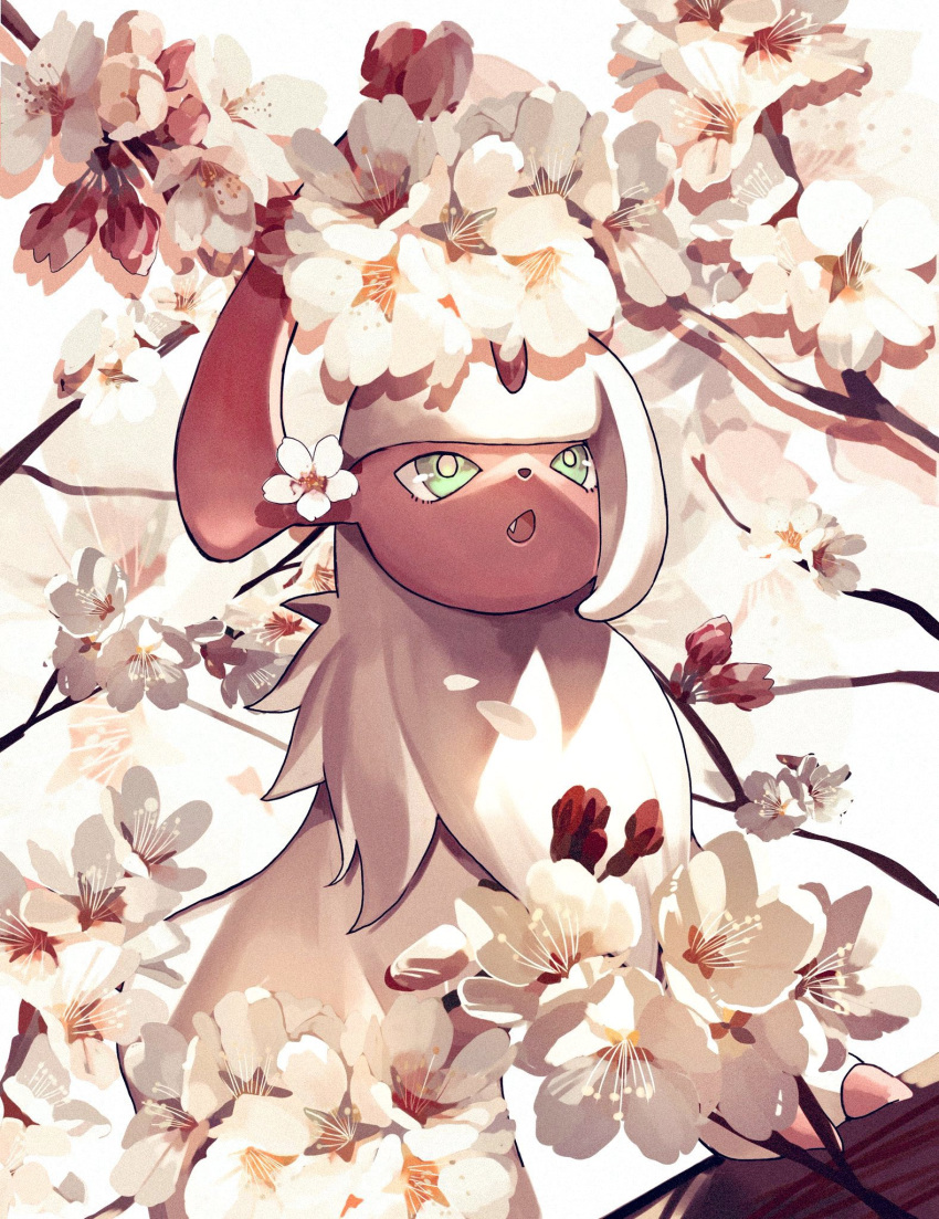 absol alternate_color animal_focus branch colored_skin fang flower forehead_jewel green_eyes hair_flower hair_ornament highres horns mane no_humans open_mouth pokemon pokemon_(creature) red_skin reo_(mmocc123) shiny_pokemon single_horn snout solo white_background white_fur