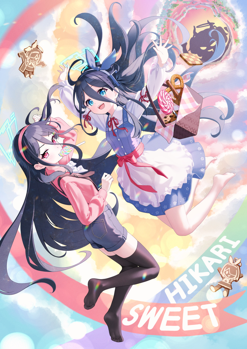 &lt;key&gt;_(blue_archive) 2girls absurdly_long_hair absurdres ahoge apron aris_(blue_archive) arona_(blue_archive) barefoot basket black_hair black_shorts black_thighhighs blue_archive blue_dress blue_eyes blue_hairband blue_halo blush candy collared_shirt cookie dress food frilled_apron frills gingerbread_man hairband halo highres lollipop long_hair long_sleeves mouth_hold multiple_girls open_mouth pinafore_dress pink_hairband pink_shirt plana_(blue_archive) red_eyes ringed_eyes shirt shorts sleeveless sleeveless_dress smile supersugar thigh-highs very_long_hair white_apron white_shirt yuuka_(blue_archive)