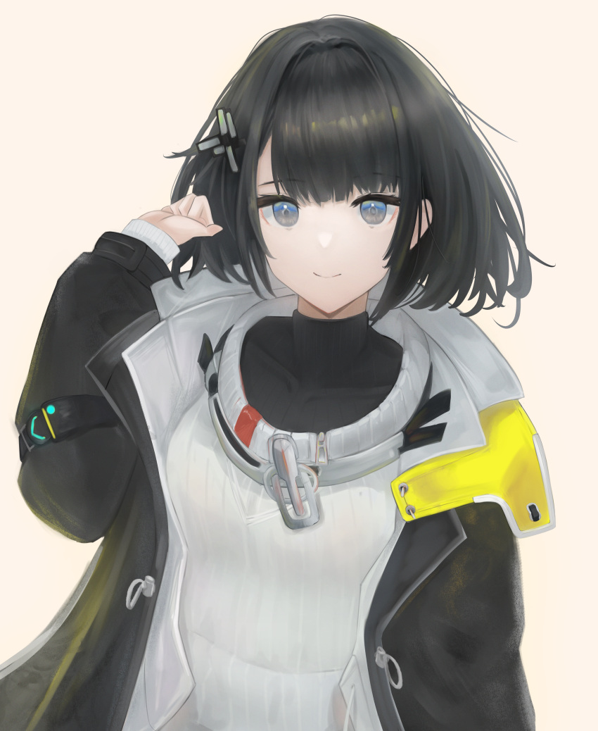 1girl absurdres arknights arknights:_endfield black_eyes black_hair black_jacket black_shirt female_endministrator_(arknights) grey_background hair_ornament hand_up highres jacket layered_sleeves long_sleeves looking_at_viewer open_clothes open_jacket pita_(pizza_594) shirt short_hair simple_background smile solo sweater upper_body white_sweater
