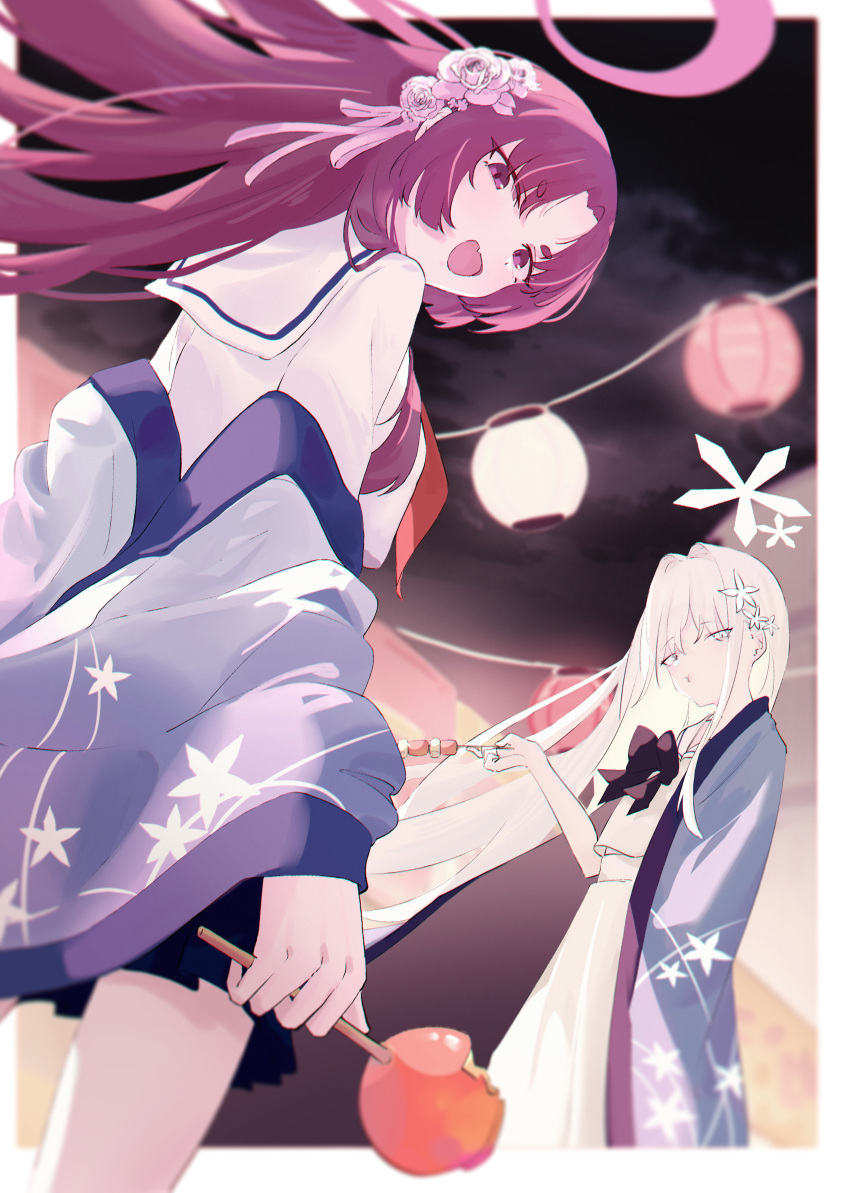 2girls absurdres blue_archive blue_skirt candy_apple fang festival flower food grey_eyes hair_flower hair_ornament halo haori highres holding holding_food japanese_clothes long_hair long_sleeves multiple_girls nagusa_(blue_archive) night open_mouth outdoors pink_flower pleated_skirt purple_hair purple_halo revision school_uniform serafuku short_eyebrows skin_fang skirt smile violet_eyes white_hair white_skirt wide_sleeves xsan yukari_(blue_archive)