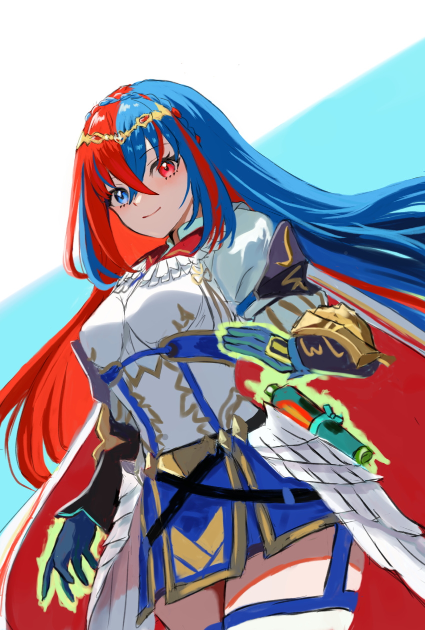 1girl alear_(awoken_divinity)_(fire_emblem) alear_(female)_(fire_emblem) alear_(fire_emblem) blue_eyes blue_gloves blue_hair cape closed_mouth cowboy_shot crossed_bangs fire_emblem fire_emblem_engage fire_emblem_heroes gloves glowing glowing_hand hair_between_eyes heterochromia highres long_hair looking_at_viewer multicolored_hair official_alternate_costume red_eyes redhead smile solo two-tone_hair very_long_hair yuurururun
