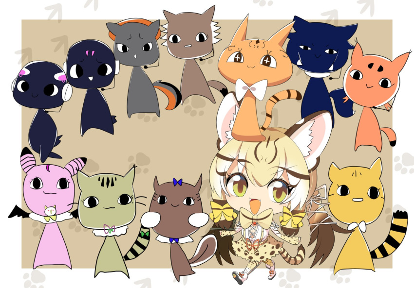 1girl animal animal_ears bow bowtie cat cat_ears cat_girl cat_tail extra_ears geoffroy's_cat_(kemono_friends) grey_background grey_hair highres kemono_friends kemono_friends_v_project kneehighs lets0020 long_hair looking_at_viewer microphone ribbon shirt shoes simple_background skirt socks suspenders tail twintails yellow_eyes