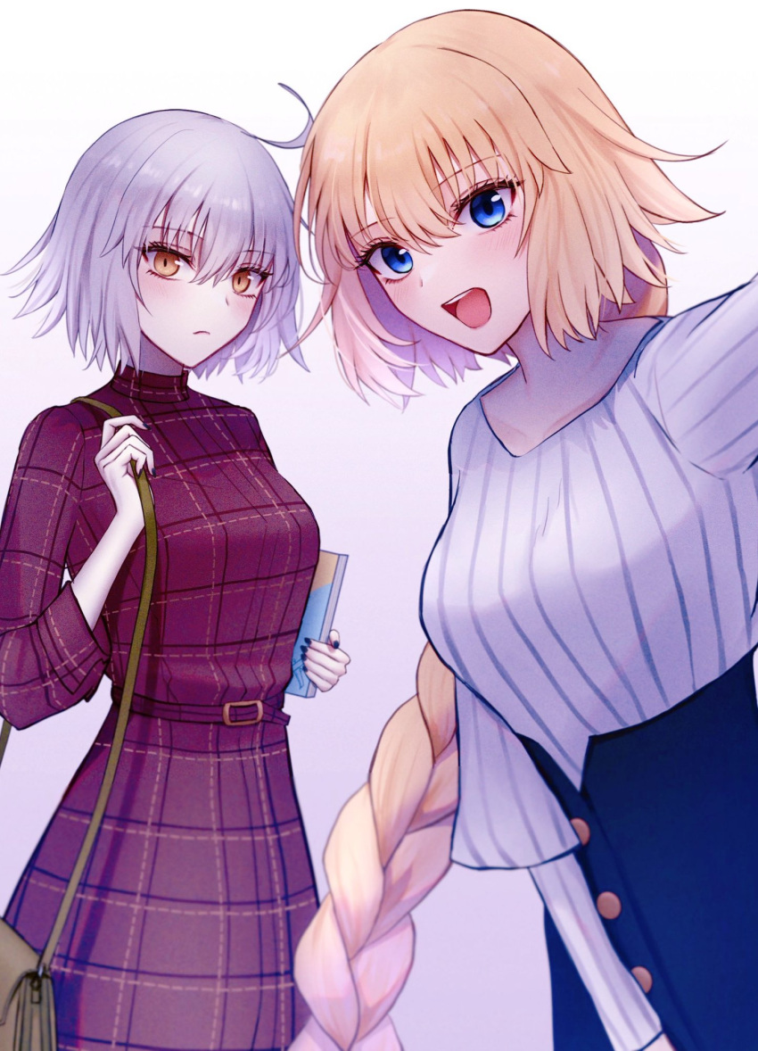 2girls alternate_costume bag belt belt_buckle blonde_hair blue_eyes blue_skirt blush braid braided_ponytail brown_bag buckle buttons casual closed_mouth commentary_request dress fate/grand_order fate_(series) grey_hair hair_between_eyes handbag highres holding holding_notebook jeanne_d'arc_(fate) jeanne_d'arc_alter_(fate) long_hair looking_at_viewer multiple_girls notebook open_mouth pale_skin plaid plaid_dress red_belt red_dress ribbed_shirt roro_982 shirt short_hair simple_background skirt smile very_long_hair white_background white_shirt yellow_eyes