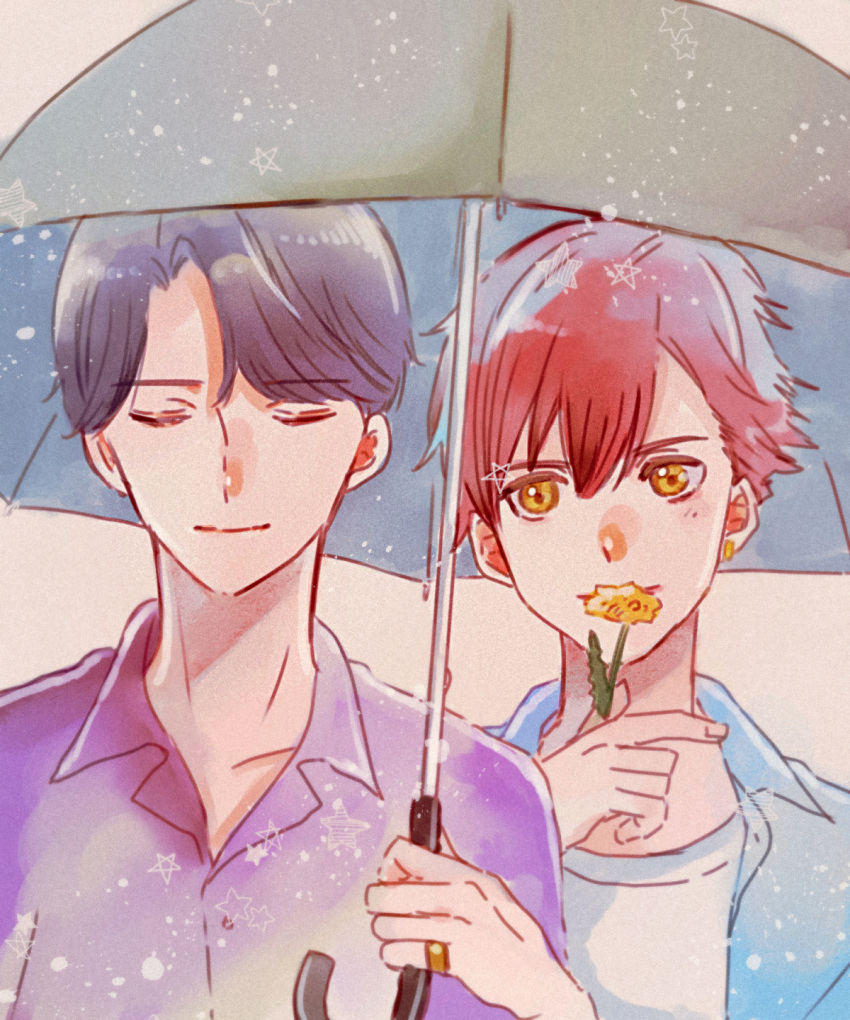 2boys closed_eyes ear_piercing facing_viewer flower grey_hair highres holding holding_flower holding_umbrella implied_yaoi jewelry multiple_boys opus.colors parted_bangs piercing purple_shirt redhead ring shared_umbrella shirt short_hair takise_kyo umbrella upper_body watakko yamanashi_kazuya yellow_eyes