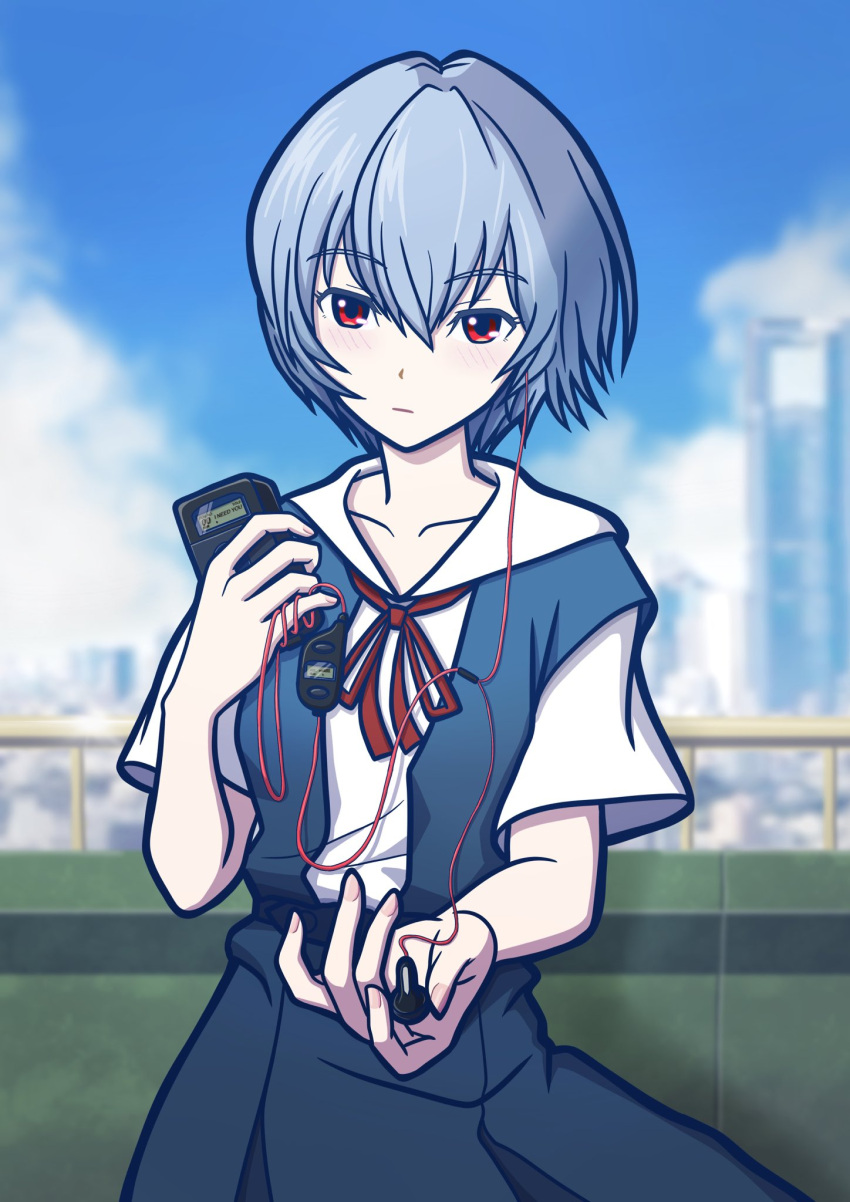 1girl ayanami_rei blue_dress blue_hair blurry blurry_background cityscape clouds cloudy_sky collarbone cowboy_shot day dot_nose dress expressionless highres hio_makoto holding looking_at_viewer neon_genesis_evangelion outdoors reaching reaching_towards_viewer red_eyes sailor_collar school_uniform short_hair sky solo tokyo-3_middle_school_uniform walkman white_sailor_collar
