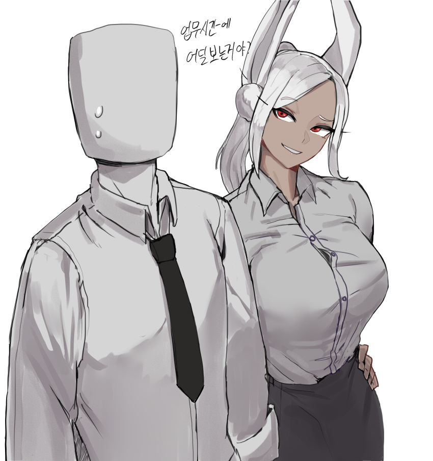 1girl 1other absurdres animal_ears black_necktie black_skirt boku_no_hero_academia breasts collared_shirt dark-skinned_female dark_skin english_commentary faceless_other hand_on_own_hip highres large_breasts long_eyelashes long_hair looking_at_another mirko necktie office_lady parted_bangs parted_lips pencil_skirt ponytail rabbit_ears rabbit_girl raised_eyebrow red_eyes shirt shirt_tucked_in skirt smile soolee040995 sweatdrop white_background white_hair white_shirt