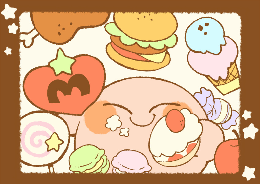 apple blush_stickers border brown_border burger cake cake_slice candy closed_eyes closed_mouth colored_skin commentary_request crumbs food fruit hitofutarai holding holding_food ice_cream ice_cream_cone invincible_candy kirby kirby_(series) macaron meat no_humans pink_skin smile solo star_(symbol) strawberry strawberry_shortcake tomato white_background