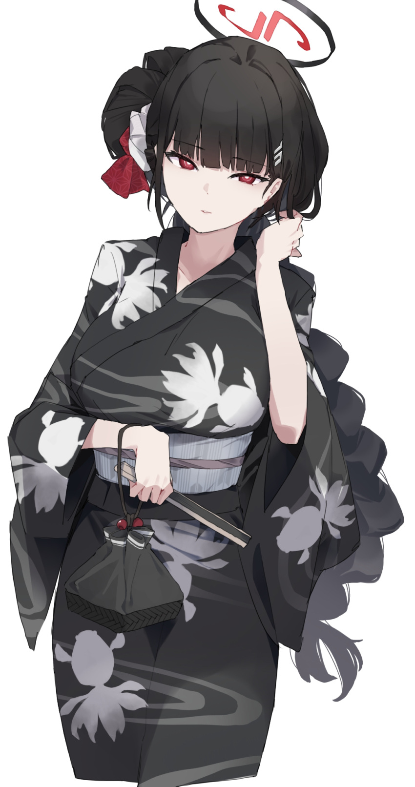 1girl alternate_hairstyle black_hair black_kimono blue_archive breasts check_commentary collarbone commentary_request folded_fan folding_fan hair_ornament hairclip halo hand_fan hand_up highres holding holding_fan japanese_clothes kimono large_breasts looking_at_viewer makkurourufu parted_lips partial_commentary red_eyes rio_(blue_archive) simple_background solo white_background wide_sleeves yukata