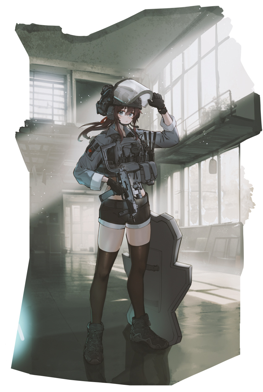 1girl absurdres ammunition_pouch black_footwear black_gloves black_shorts black_thighhighs blue_eyes broken_window brown_hair closed_mouth combat_helmet commentary commission ear_protection english_commentary flashlight full_body gloves grey_jacket gun h&amp;k_mp7 hair_between_eyes hand_up helmet highres holding holding_weapon indoors jacket light_particles long_hair long_sleeves magazine_(weapon) microphone optical_sight original plate_carrier pouch shield shoes short_shorts shorts sleeves_rolled_up solo submachine_gun tactical_clothes termichan_(not-a-bot) thigh-highs trigger_discipline tuziki_sang visor_(armor) watch weapon