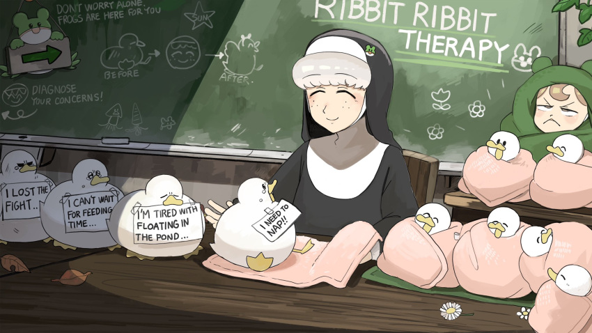 2girls :&lt; bird brown_hair catholic chalkboard chicken closed_eyes crying crying_with_eyes_open diva_(hyxpk) duck english_commentary flower freckles froggy_nun_(diva) grey_hair habit half-closed_eyes hanging_plant highres little_nuns_(diva) multiple_girls nun sheep_nun_(diva) sign smile tears towel traditional_nun
