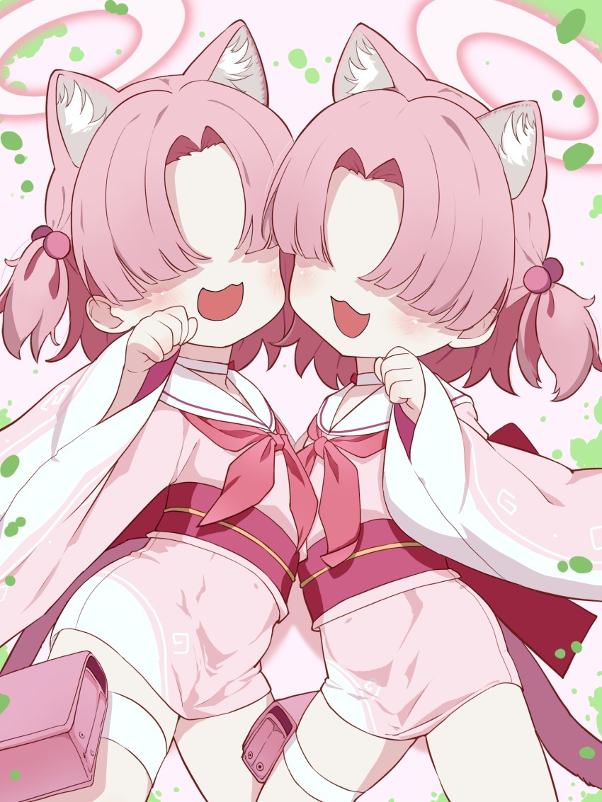 2girls animal_ear_fluff animal_ears blue_archive cat_ears cat_tail character_request choker hair_bobbles hair_ornament halo highres japanese_clothes kimono long_sleeves multiple_girls neckerchief obi oozumi_03 pink_hair pink_halo pink_kimono red_neckerchief sailor_collar sash tail thigh_strap twintails white_choker white_sailor_collar wide_sleeves