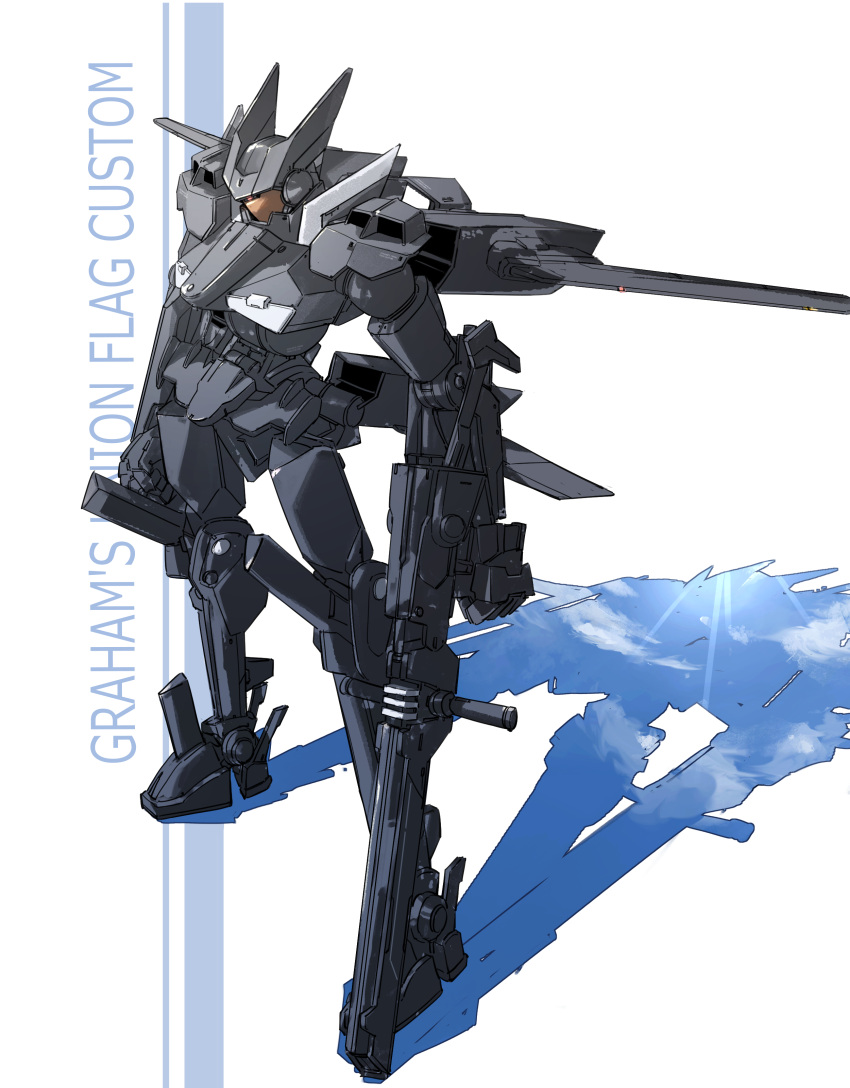 absurdres assault_visor character_name clouds flag_custom full_body gun gundam gundam_00 highres holding holding_gun holding_weapon looking_ahead md5_mismatch mecha mobile_suit nanao_parakeet no_humans resolution_mismatch robot science_fiction shadow simple_background sky solo source_larger standing weapon white_background