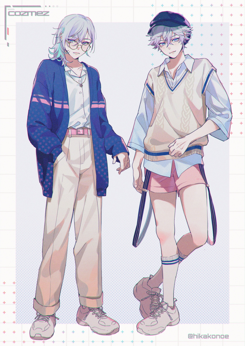 2boys absurdres alternate_costume aqua_hair belt blue_jacket border brothers brown_pants collared_shirt cozmez_(paradox_live) full_body glasses grey_background highres hikakonoe jacket jewelry male_focus multicolored_hair multiple_boys necklace pants paradox_live pink_belt pink_shorts purple_hair shirt shoes shorts siblings sneakers socks sweater_vest twins twitter_username violet_eyes white_border white_footwear white_shirt white_sneakers white_socks yatonokami_kanata yatonokami_nayuta yellow_sweater_vest