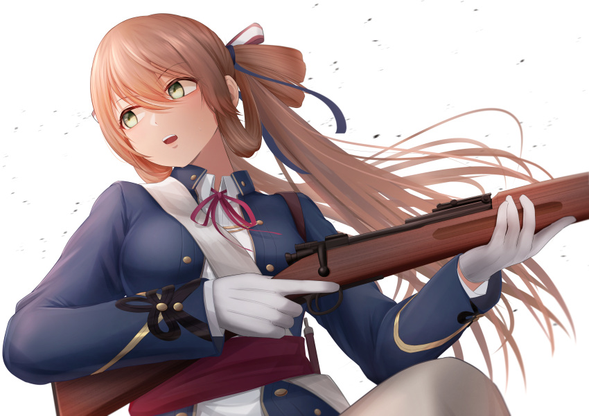1girl absurdres blazer blue_jacket bolt_action breasts brown_hair collared_shirt commentary_request from_below girls_frontline gloves green_eyes guchagucha gun hair_between_eyes hair_ribbon hair_rings highres holding holding_weapon jacket large_breasts long_hair long_sleeves looking_to_the_side m1903_springfield neck_ribbon open_clothes open_jacket open_mouth red_ribbon red_sash ribbon rifle sash shirt shoulder_sash simple_background solo springfield_(girls'_frontline) teeth trigger_discipline twintails upper_body upper_teeth_only weapon white_background white_gloves white_sash white_shirt