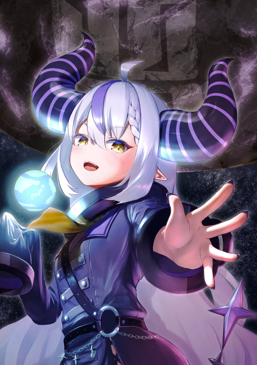 absurdres ascot black_horns braid braided_bangs chain collar grey_hair highres hololive horns la+_darknesss la+_darknesss_(1st_costume) lerk_puzz metal_collar multicolored_hair o-ring pointy_ears purple_hair sleeves_past_fingers sleeves_past_wrists streaked_hair striped_horns yellow_ascot