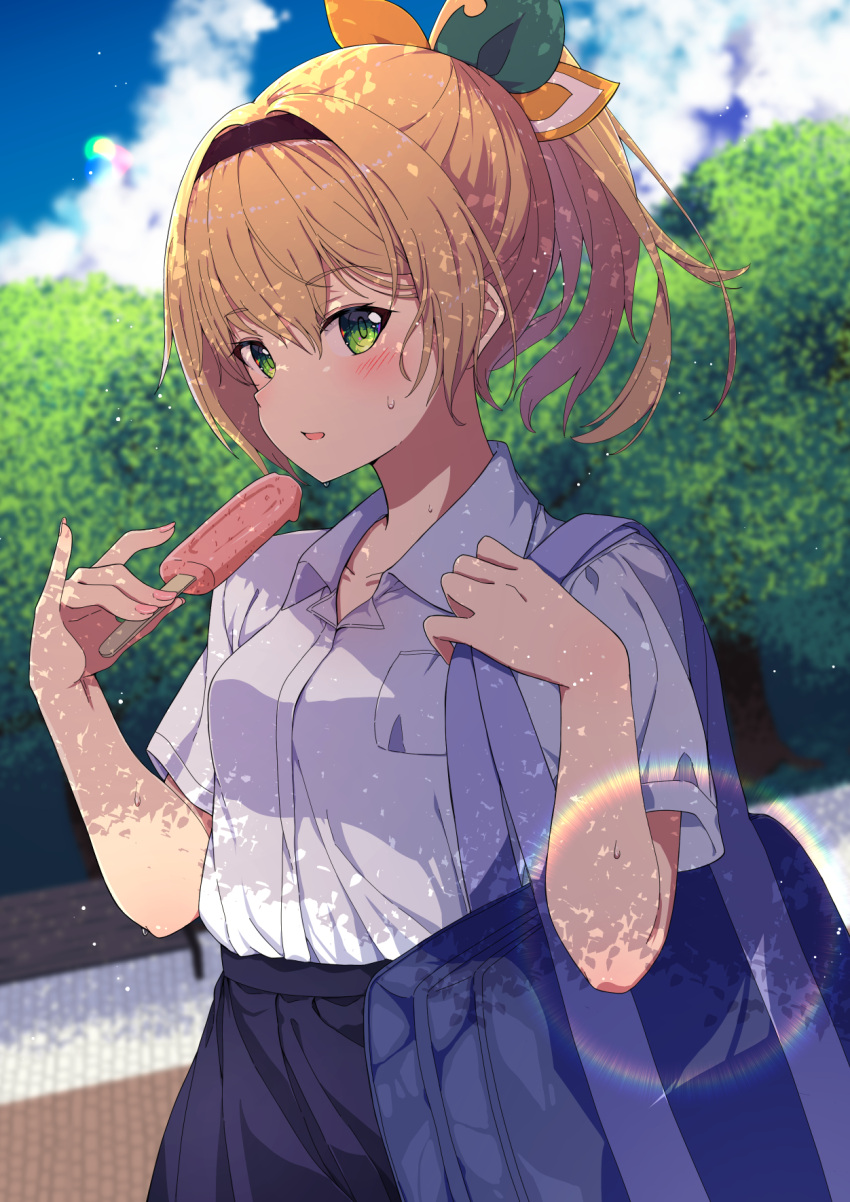 1girl bag blonde_hair blue_skirt blush bow breasts collarbone collared_shirt commentary_request fingernails food green_eyes hairband highres holding holding_food holding_ice_cream hololive ice_cream kazama_iroha looking_at_viewer nail_polish namikawa_kuroha open_mouth outdoors pink_nails pinky_out pleated_skirt ponytail school_bag school_uniform shirt shirt_tucked_in short_hair skirt solo summer_uniform uniform virtual_youtuber white_shirt