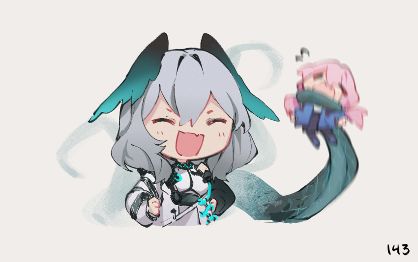 2girls arknights blue_jacket blue_poison_(arknights) chibi closed_eyes dailybloopy facing_viewer fang grey_hair hair_between_eyes head_wings ho'olheyak_(arknights) infection_monitor_(arknights) jacket light_blush long_hair low_twintails medium_hair motion_blur multiple_girls open_mouth pink_hair simple_background skin_fang snake_tail tail twintails white_background wings