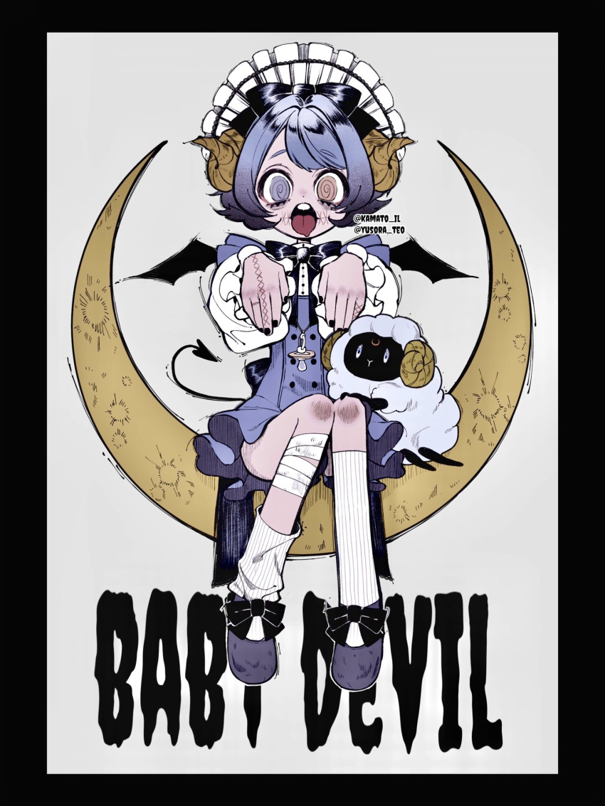 1girl @_@ black_border black_bow black_footwear black_nails border bow brown_eyes brown_horns crescent_moon demon_tail grey_eyes hair_bow highres horns kamato_il long_sleeves looking_at_viewer moon open_mouth original shoes short_hair socks solo tail tongue tongue_out twitter_username white_socks