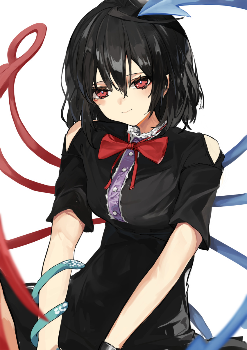 1girl asymmetrical_wings black_dress black_hair blue_wings bow bowtie center_frills closed_mouth clothing_cutout commentary_request dress frills highres houjuu_nue looking_at_viewer medium_hair pocche-ex red_bow red_bowtie red_eyes red_wings short_sleeves shoulder_cutout simple_background snake solo touhou upper_body white_background wings