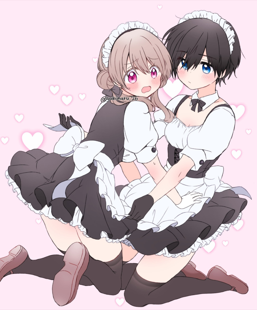 2girls black_bow black_gloves black_thighhighs blonde_hair blue_eyes blush bow bowtie brown_footwear brown_hair cross-laced_clothes cross-laced_dress gloves hair_bow hair_bun heart heart_background highres looking_at_another looking_at_viewer maid maid_headdress mary_janes multiple_girls open_mouth original pink_background pink_eyes rinlaby shoes thigh-highs tomboy twintails waist_bow white_bow white_gloves yuri