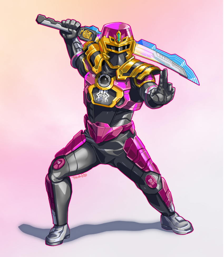 1boy armor armored_bodysuit black_bodysuit bodysuit character_mask chou_uchuu_keiji_gavan_infinity combat_helmet commentary full_body gauntlets gavan_raiya gavarion_blade helmet highres holding holding_sword holding_weapon huujyu mask ninja pauldrons purple_armor purple_helmet shoulder_armor sword weapon