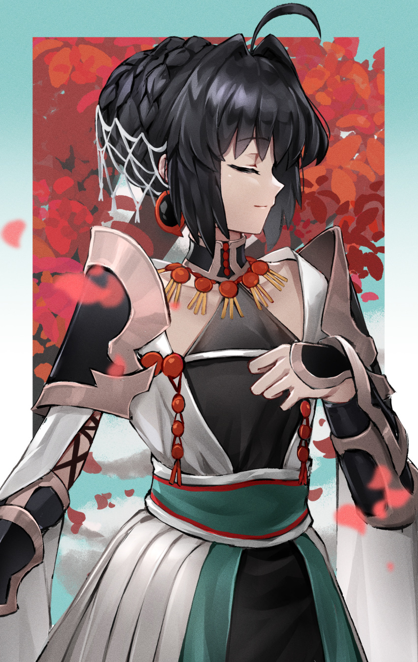1other absurdres ahoge androgynous arm_armor armor black_hair braid braided_bun cherry_blossoms closed_eyes collar collarbone dress earrings fate/samurai_remnant fate_(series) hair_bun hair_intakes hair_ornament highres japanese_clothes jewelry official_alternate_costume profile saber_(fate/samurai_remnant) shoulder_armor single_hair_bun solo umeo_(pixiv51103813) white_dress
