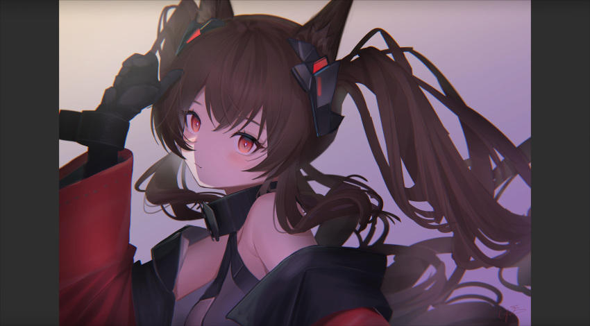 1girl absurdres angelina_(arknights) angelina_(endfield)_(arknights) animal_ears arknights arknights:_endfield bare_shoulders black_gloves blush brown_hair fox_ears fox_girl gloves grey_background hand_up highres jacket long_hair long_sleeves off_shoulder pillarboxed red_eyes red_jacket shirt simple_background sleeveless sleeveless_shirt solo twintails yunnasu