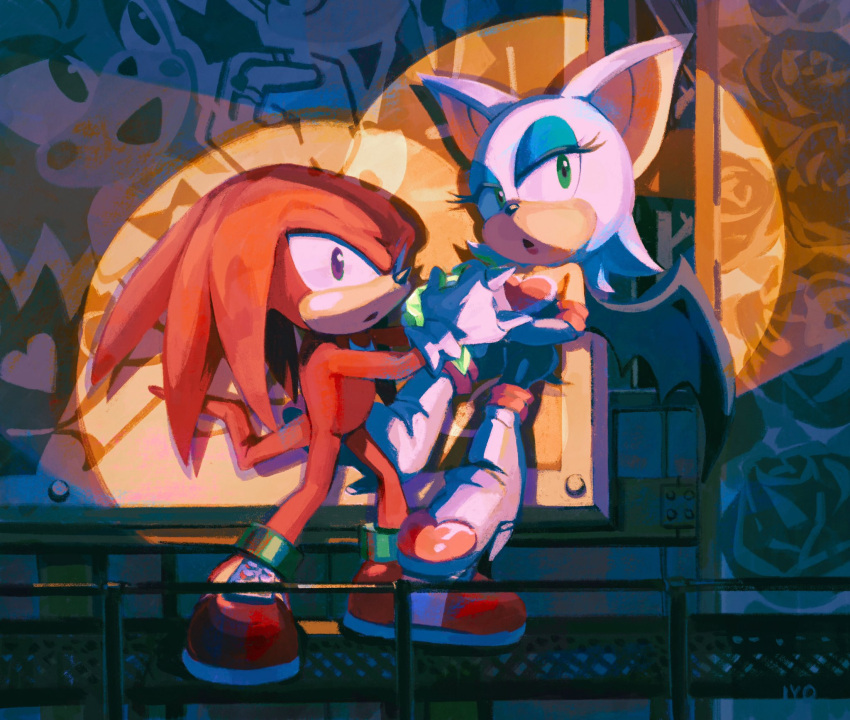 1boy 1girl bat_wings chaos_emerald commentary_request flying green_eyes hetero highres iyo_(1eavethebus) knuckles_the_echidna light looking_at_viewer painting_(object) rouge_the_bat sonic_(series) sonic_adventure_2 violet_eyes wings