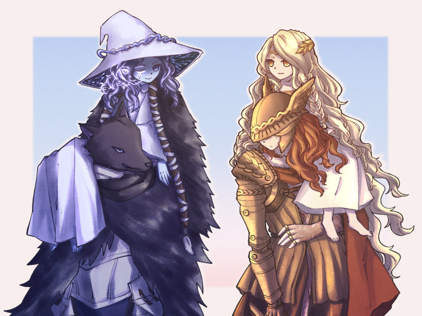 2boys 2girls armor barefoot black_fur blaidd_the_half-wolf blonde_hair blue_background blue_eyes blue_hair blue_skin border braid circlet closed_mouth colored_skin dot_mouth dot_nose elden_ring extra_faces furry gradient_background hat helmet highres long_hair malenia_blade_of_miquella medium_hair miqueliafantasia miquella_(elden_ring) multiple_boys multiple_girls one_eye_closed prosthesis prosthetic_arm ranni_the_witch redhead side_braid smile snout standing teeth visor_(armor) white_border winged_helmet witch_hat yellow_eyes