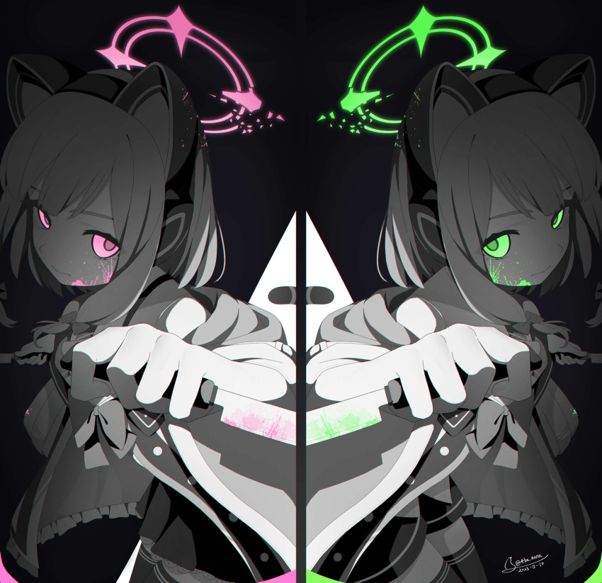 2girls 4ba_nana absurdres animal_ear_headphones animal_ears black_skirt black_thighhighs blood blood_splatter blue_archive bow cat_ears cat_tail closed_mouth death_momoi_(meme) dual_wielding expressionless fake_animal_ears foreshortening frilled_skirt frills glowing glowing_eyes green_eyes green_halo grey_hair greyscale hair_bow halo headphones highres holding holding_knife hood hood_down hooded_jacket jacket knife looking_at_viewer meme midori_(blue_archive) miniskirt momoi_(blue_archive) monochrome multiple_girls parted_bangs pink_eyes pink_halo pleated_skirt shirt siblings sidelocks signature sisters skirt tail thigh-highs twins upper_body white_jacket white_shirt