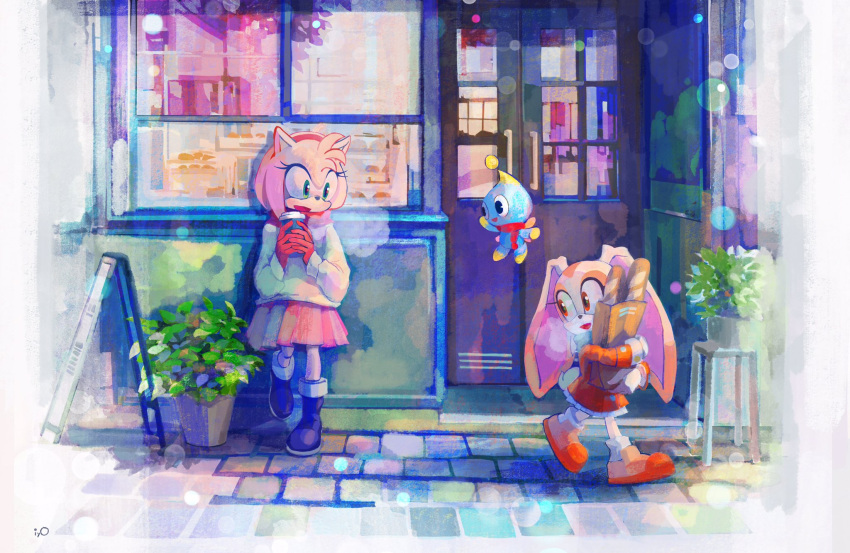 2girls alternate_costume amy_rose baguette bread carrying chao_(sonic) commentary cream_the_rabbit cup day english_commentary floating food gloves green_eyes highres holding holding_cup iyo_(1eavethebus) leaning_back multiple_girls outdoors rabbit red_eyes scarf sonic_(series) winter winter_clothes