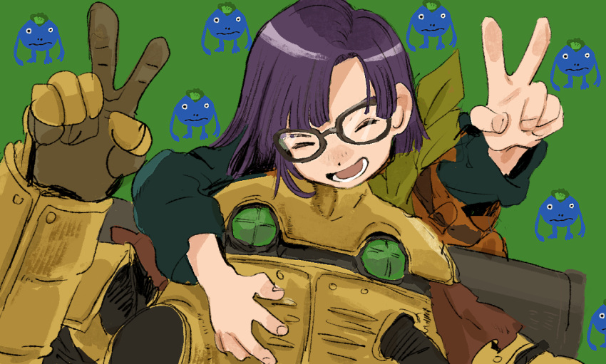 1girl book chrono_trigger closed_mouth copyright_name cup glasses kebe6p lucca_ashtear nu_(chrono_trigger) paper pencil purple_hair robo_(chrono_trigger) robot short_hair sitting smile table writing