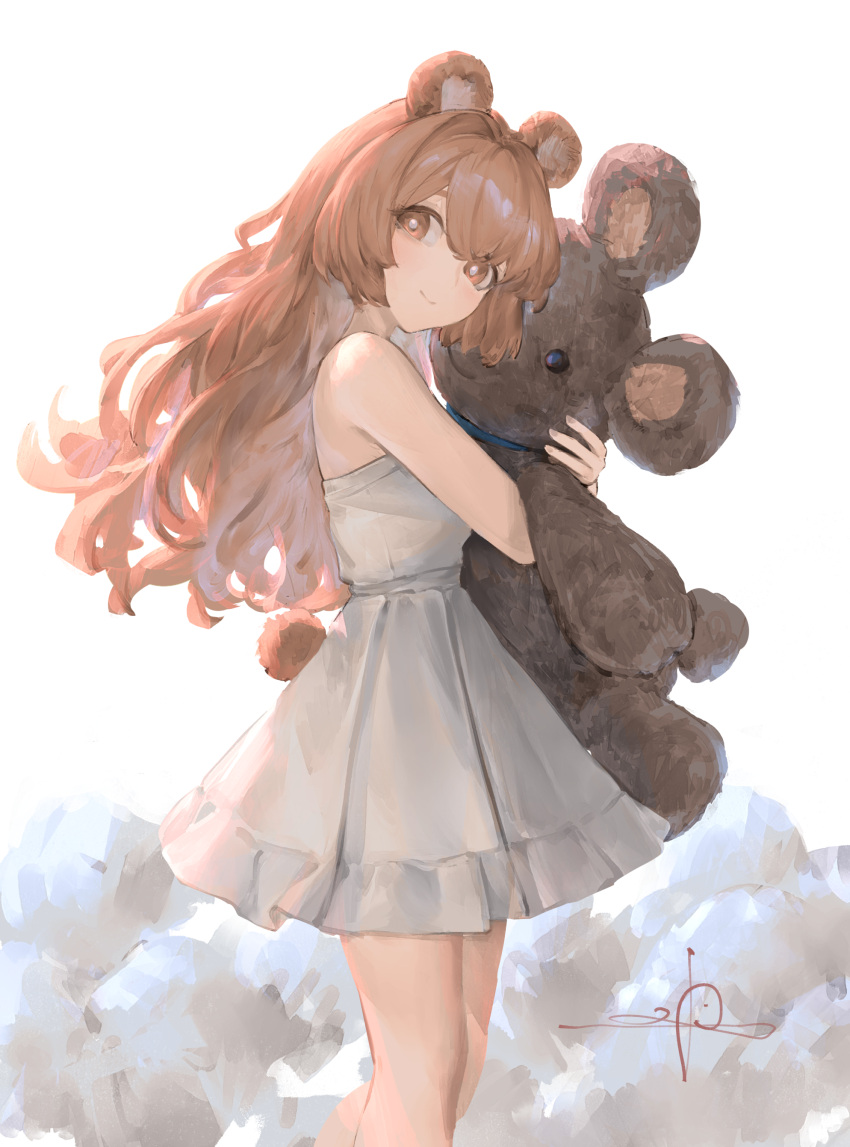 1girl absurdres animal_ears bear_ears bear_tail bright_pupils brown_eyes brown_hair closed_mouth dress from_side highres hugging_doll hugging_object io_(io_oekaki) long_hair looking_at_viewer looking_to_the_side original signature solo stuffed_animal stuffed_toy tail teddy_bear white_dress white_pupils
