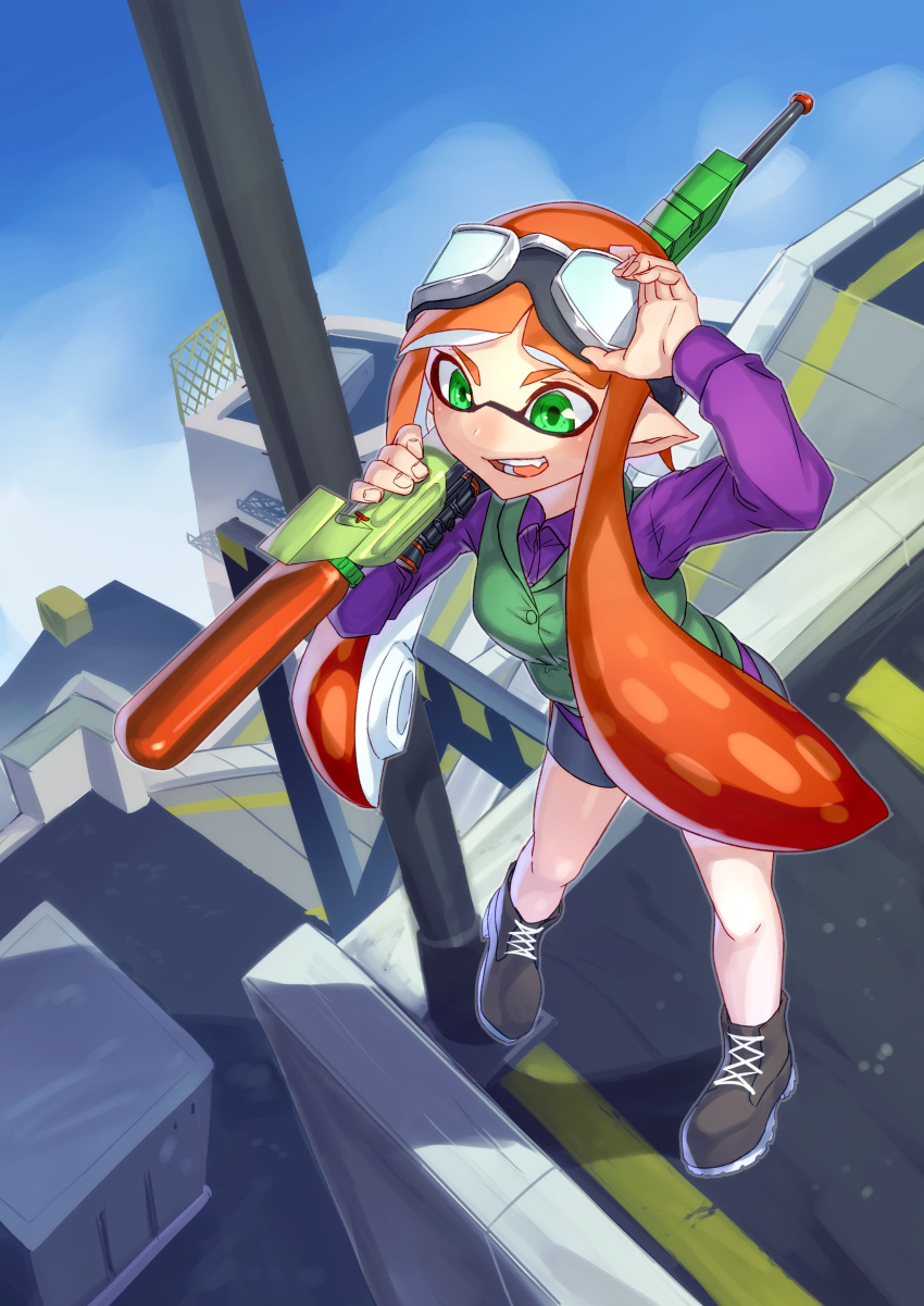 1girl absurdres black_footwear boots breasts day goggles goggles_on_head green_eyes green_vest gun highres holding holding_gun holding_weapon inkling inkling_girl long_hair medium_breasts moray_towers open_mouth orange_hair outdoors pointy_ears purple_shirt redhead shirt sho_bu_1116 shorts solo splat_charger_(splatoon) splatoon_(series) standing tentacle_hair vest weapon