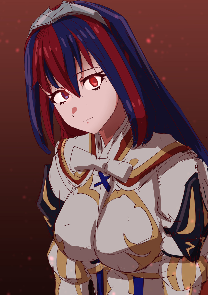 1girl absurdres alear_(female)_(fire_emblem) alear_(fire_emblem) blue_eyes blue_hair closed_mouth fire_emblem fire_emblem_engage hair_between_eyes heterochromia highres long_hair looking_at_viewer multicolored_hair red_eyes redhead ribbon solo split-color_hair tiara to_(tototo_tk) two-tone_hair white_ribbon