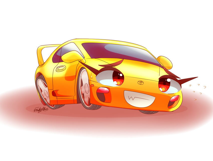 animification artist_request english_commentary highres looking_ahead no_humans orange_eyes original shadow signature smile spoiler_(automobile) third-party_source toyota toyota_supra toyota_supra_mk_iv vehicle_focus white_background