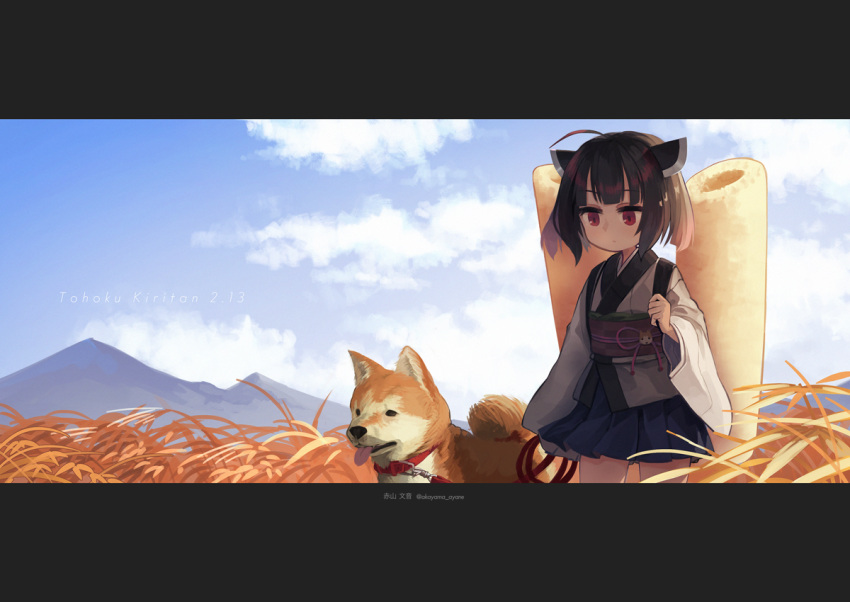 1girl ahoge akayama_ayane artist_name blue_skirt blue_sky brown_hair character_name clouds cloudy_sky commentary_request cowboy_shot day field grass headgear holding holding_leash holding_strap japanese_clothes kimono kiritanpo_(food) leash letterboxed long_sleeves looking_down mountainous_horizon obi obijime outdoors oversized_food oversized_object pet_walking pleated_skirt red_eyes sash shiba_inu short_kimono short_twintails shoulder_strap sidelighting skirt sky solo tall_grass touhoku_kiritan twintails twitter_username voiceroid white_kimono wide_sleeves wind