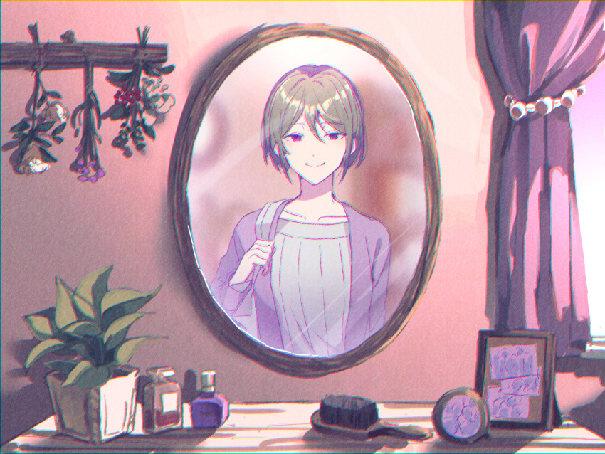 1girl aged_up blurry bottle chromatic_aberration closed_mouth collarbone commentary_request curtains day double-parted_bangs dried_flower flower green_hair grey_shirt hair_between_eyes hair_brush highres holding_strap indoors jacket kagerou_project kido_tsubomi looking_at_mirror looking_at_viewer mirror mokemoke_chan open_clothes open_jacket perfume_(cosmetics) perfume_bottle picture_frame pink_jacket plant potted_plant purple_flower red_flower shirt short_hair smile solo table upper_body violet_eyes white_flower window