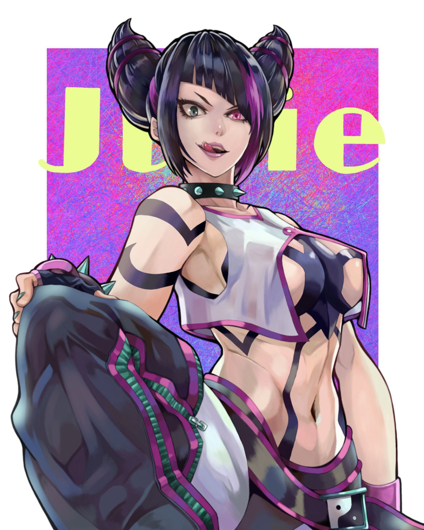 1girl abs belt bracelet breasts capcom choker covered_nipples drill_hair fighting_stance han_juri heterochromia highres jewelry large_breasts licking_lips looking_at_viewer navel solo spiked_bracelet spikes street_fighter street_fighter_6 to-ru toned tongue tongue_out twin_drills yin_yang