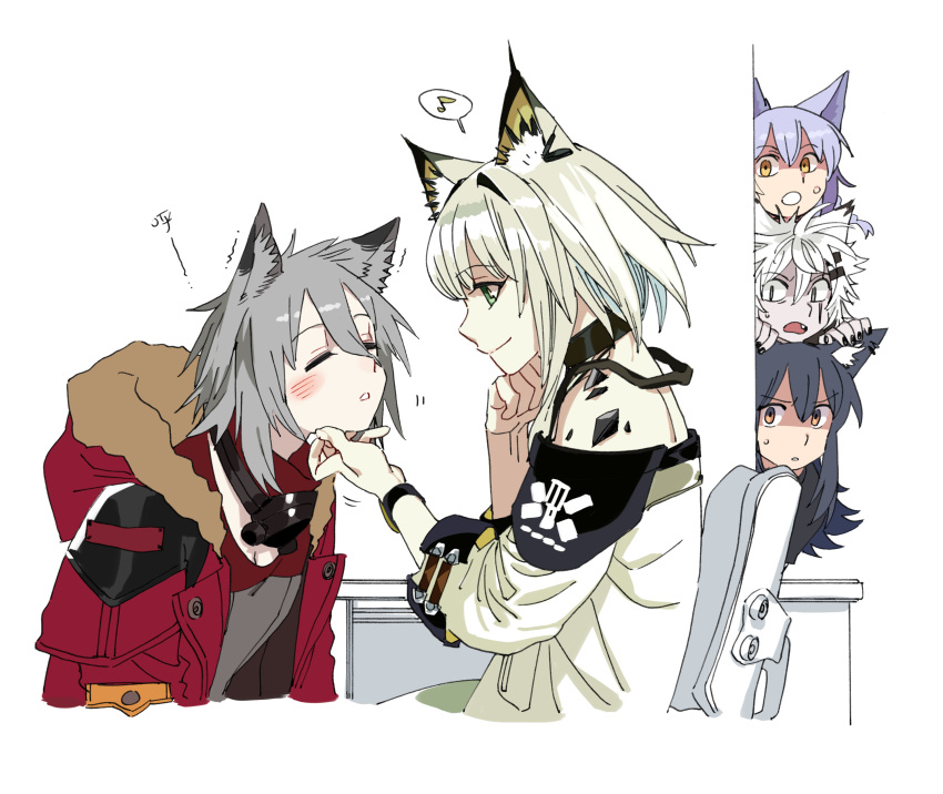 5girls absurdres animal_ear_piercing animal_ears arknights black_hair black_nails blush cat_ears cat_girl closed_eyes disgust dress fang fur-trimmed_hood fur_trim green_dress green_eyes hair_between_eyes hair_ornament hairclip hand_on_another's_chin head_rest highres hood hooded_jacket infection_monitor_(arknights) jacket kal'tsit_(arknights) lappland_(arknights) long_hair long_sleeves looking_at_another mask mask_around_neck multiple_girls off-shoulder_dress off_shoulder open_mouth oripathy_lesion_(arknights) peeking_out projekt_red_(arknights) provence_(arknights) purple_hair red_jacket scar scar_across_eye scar_on_face scratching_chin shaded_face smile star_of_life stroking_another's_chin surprised sweatdrop texas_(arknights) white_hair wolf_ears wolf_girl yellow_eyes yu_yanshu