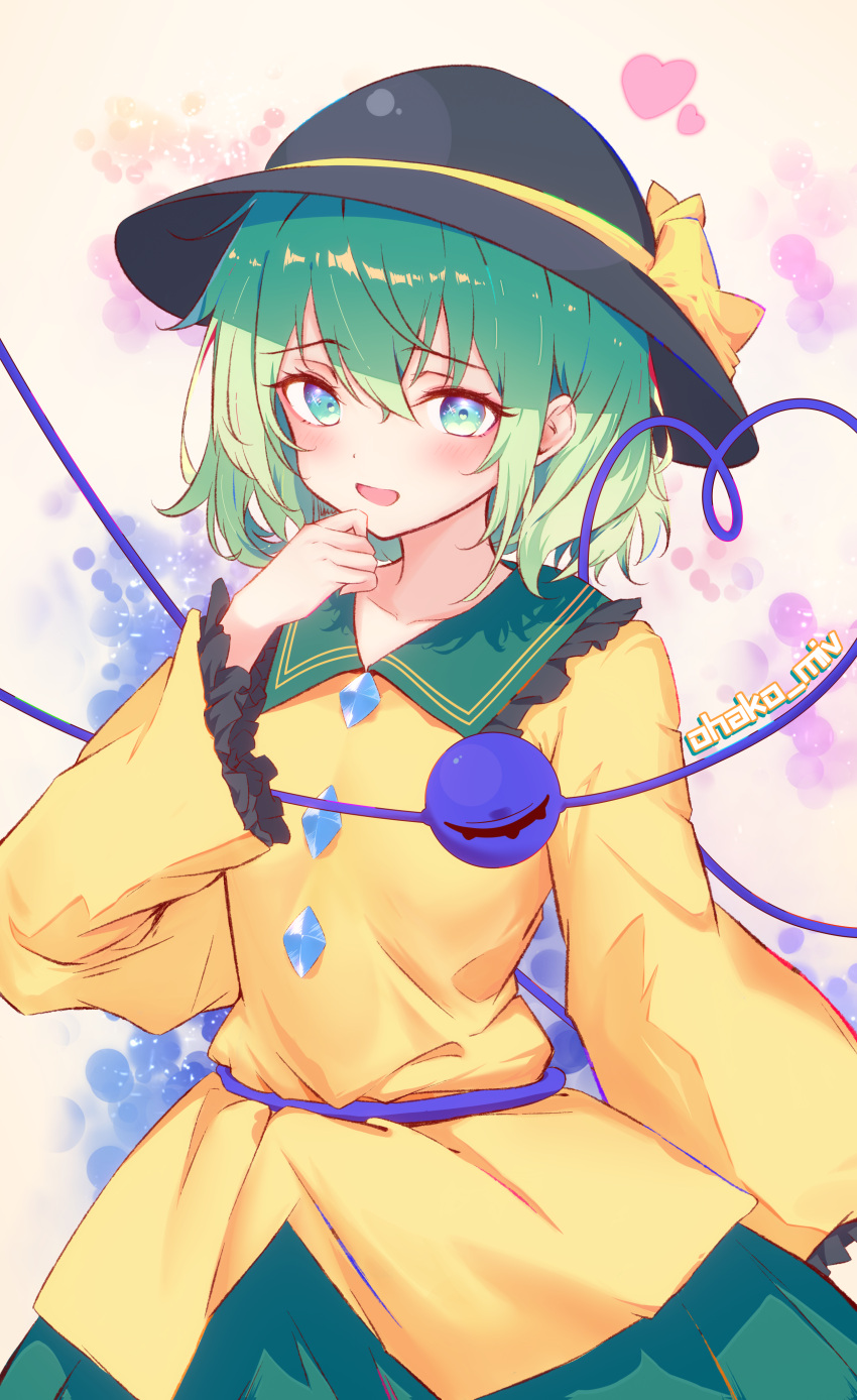 1girl absurdres artist_name black_headwear bow buttons commentary_request diamond_button frilled_shirt_collar frilled_sleeves frills green_eyes green_hair green_skirt hat hat_bow heart heart_of_string highres komeiji_koishi long_sleeves looking_at_viewer medium_hair ohako_miyu open_mouth shirt skirt solo third_eye touhou yellow_bow yellow_shirt