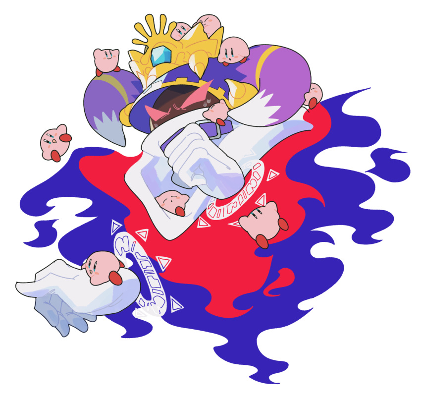 annoyed blush_stickers closed_eyes colored_skin crown disembodied_limb gloves highres horns kirby kirby's_return_to_dream_land kirby_(series) kirby_mass_attack magolor master_crown multiple_persona ni_re pink_skin smile solid_oval_eyes sweat white_background white_gloves