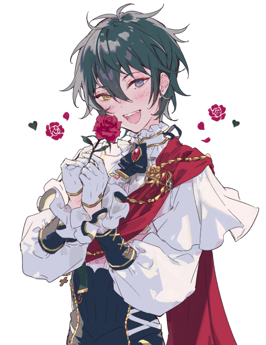 1boy black_corset black_hair black_pants blue_eyes blush cape corset ensemble_stars! flower heart heterochromia highres holding holding_flower kagehira_mika looking_at_viewer male_focus open_mouth oyatsu_no_e pants petals red_cape red_flower red_rose rose shirt smile solo teeth white_shirt yellow_eyes