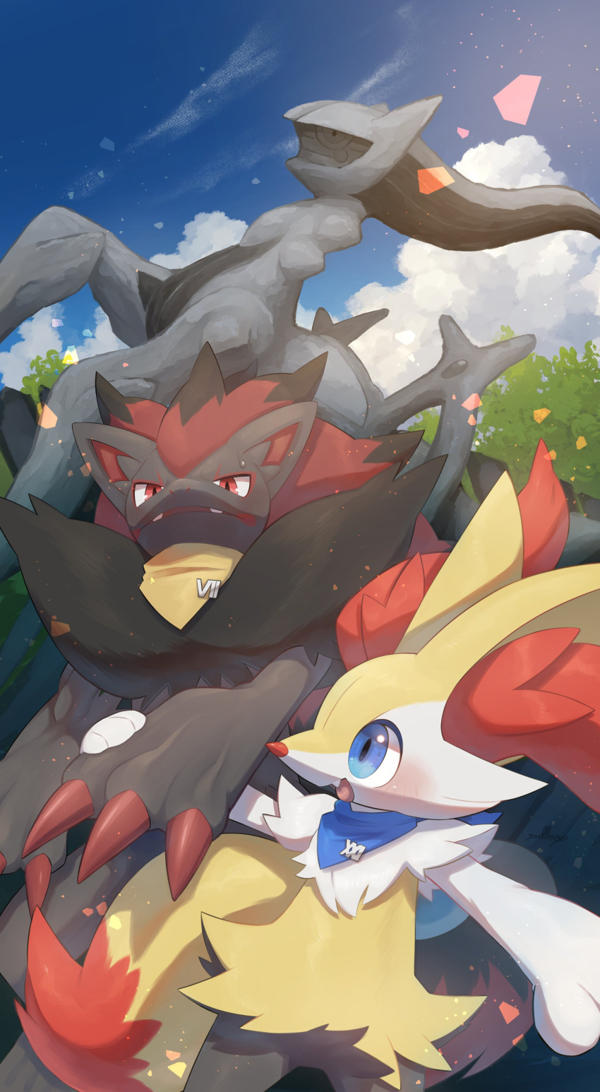 absurdres arceus bandana blue_bandana blue_eyes blue_sky braixen clothed_pokemon clouds day highres holding_hands looking_at_another no_humans nullma open_mouth outdoors pokemon pokemon_(creature) red_eyes sky tree yellow_bandana zoroark