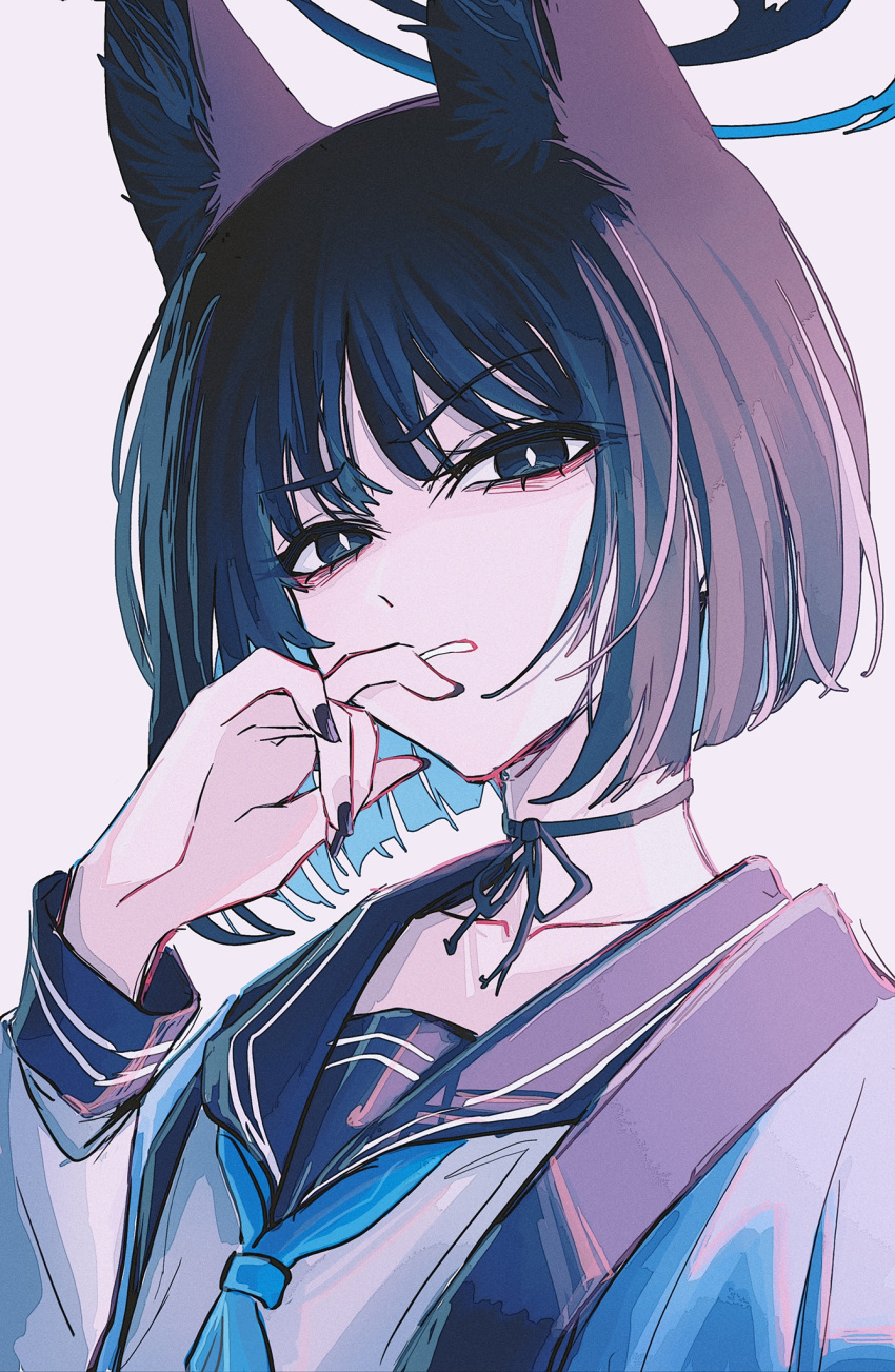 1girl animal_ears black_eyes black_hair black_nails black_sailor_collar blue_archive blue_halo blue_neckerchief cat_ears fingernails frown grey_background halo haori highres japanese_clothes kikyou_(blue_archive) looking_at_viewer nail_polish neckerchief portrait sailor_collar short_hair simple_background solo yodistira404
